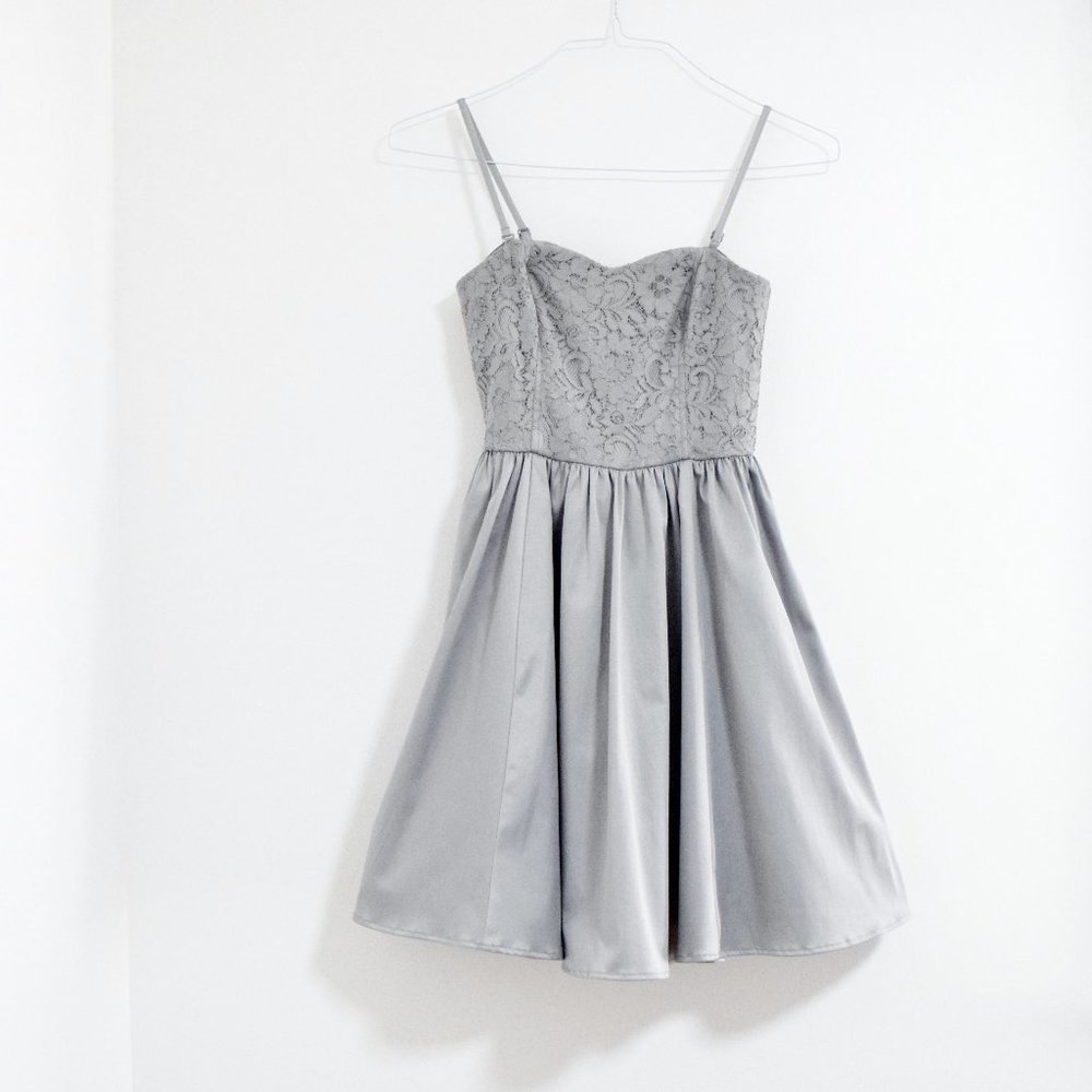 Silver Grey Satin Floral Lace Corset Bustier A-line Skater Mini Dress | Size XS